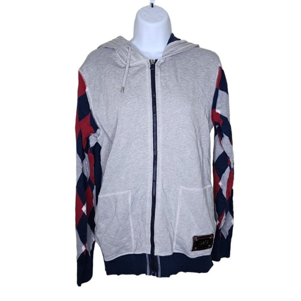 Vintage 90s Dolce & Gabbana Full Zip Hoodie Argyle Sleeves Womens Size L Gray